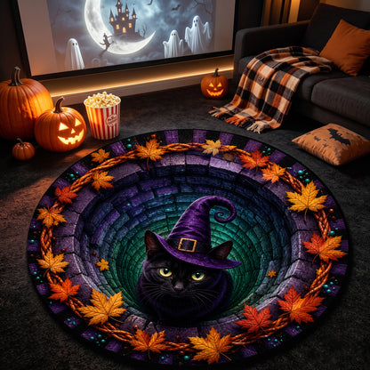 Halloween Round Rug 3D Illusion Black Cat Witch Hat