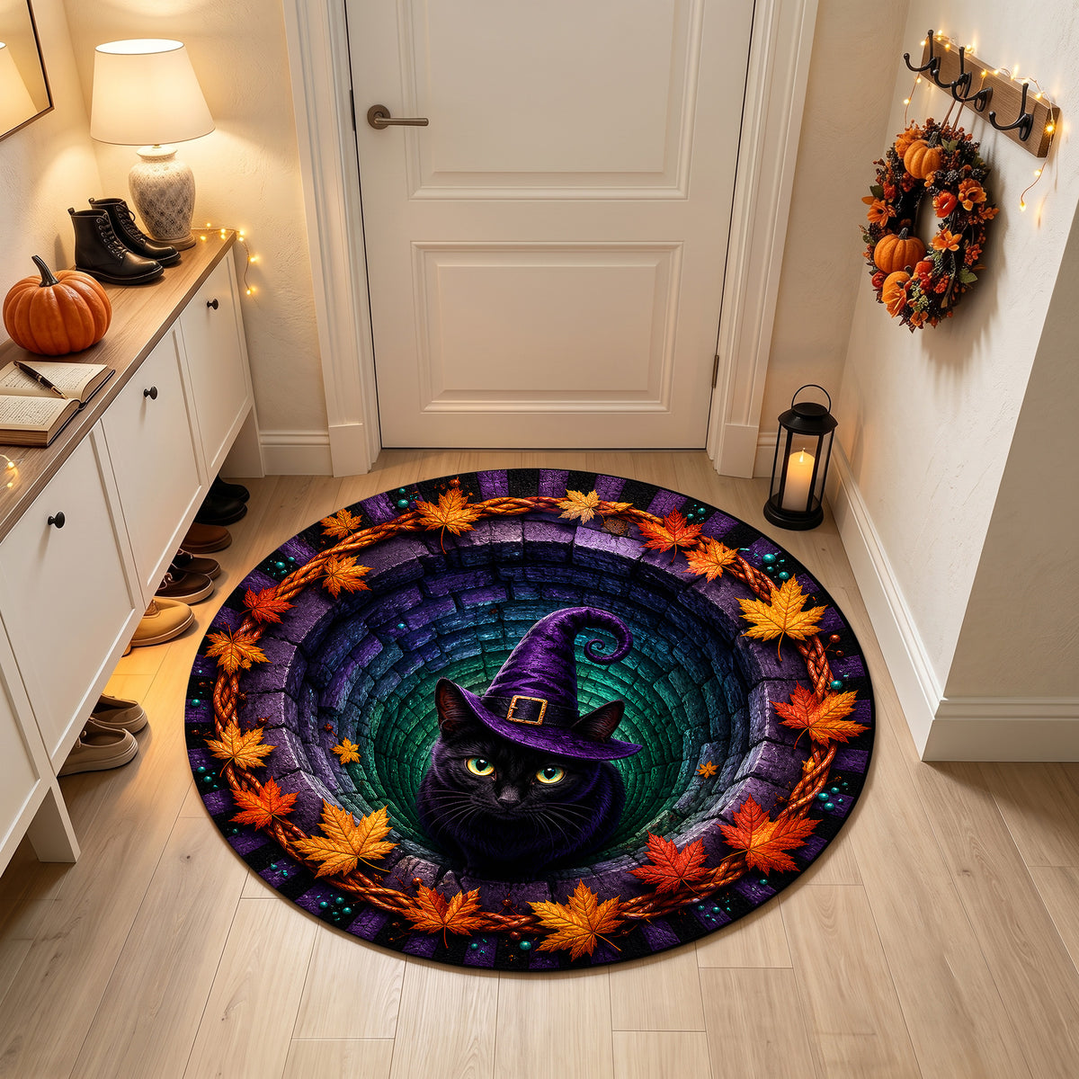 Halloween Round Rug 3D Illusion Black Cat Witch Hat