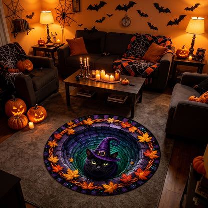 Halloween Round Rug 3D Illusion Black Cat Witch Hat