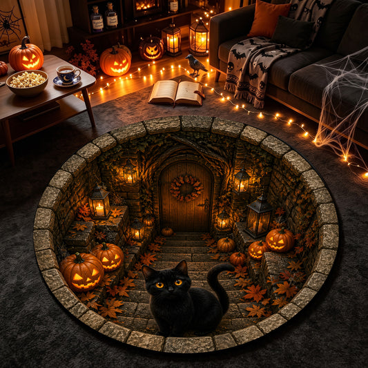 Halloween Round Rug 3D Stone Stairs Black Cat Pumpkins