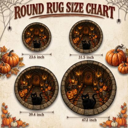 Halloween Round Rug 3D Stone Stairs Black Cat Pumpkins