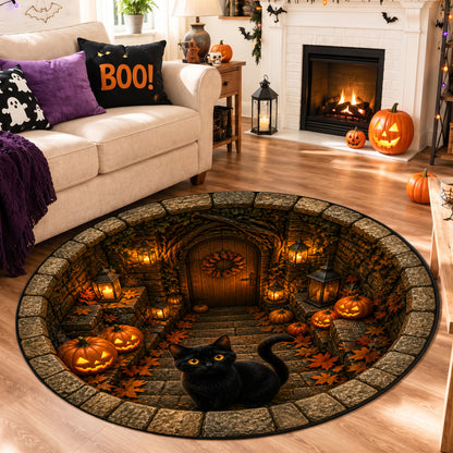 Halloween Round Rug 3D Stone Stairs Black Cat Pumpkins