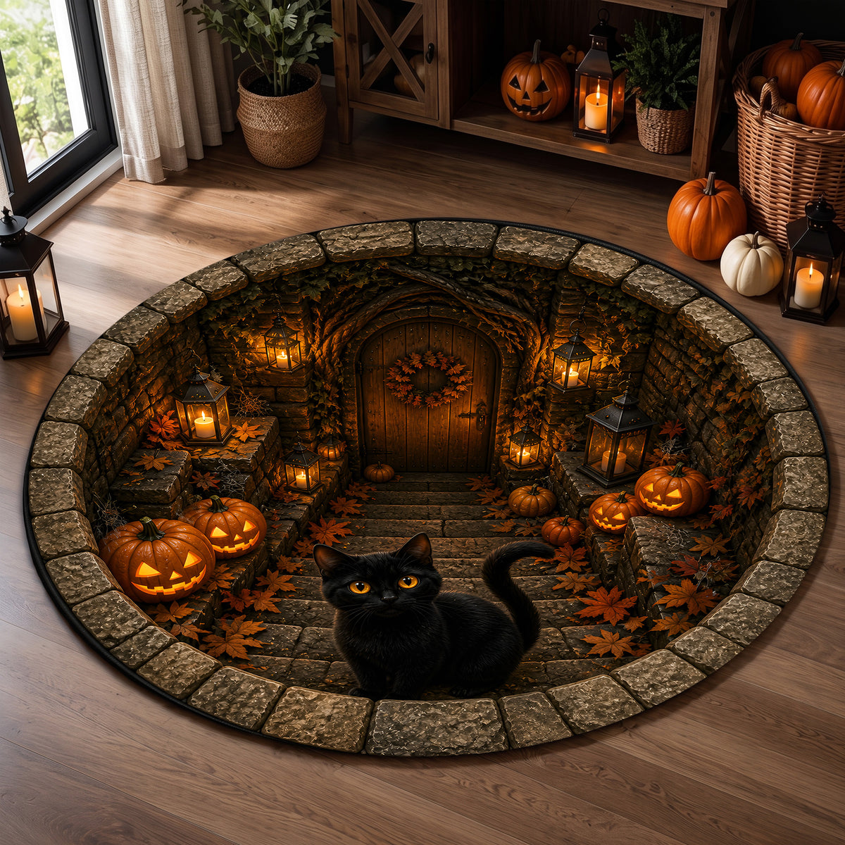 Halloween Round Rug 3D Stone Stairs Black Cat Pumpkins