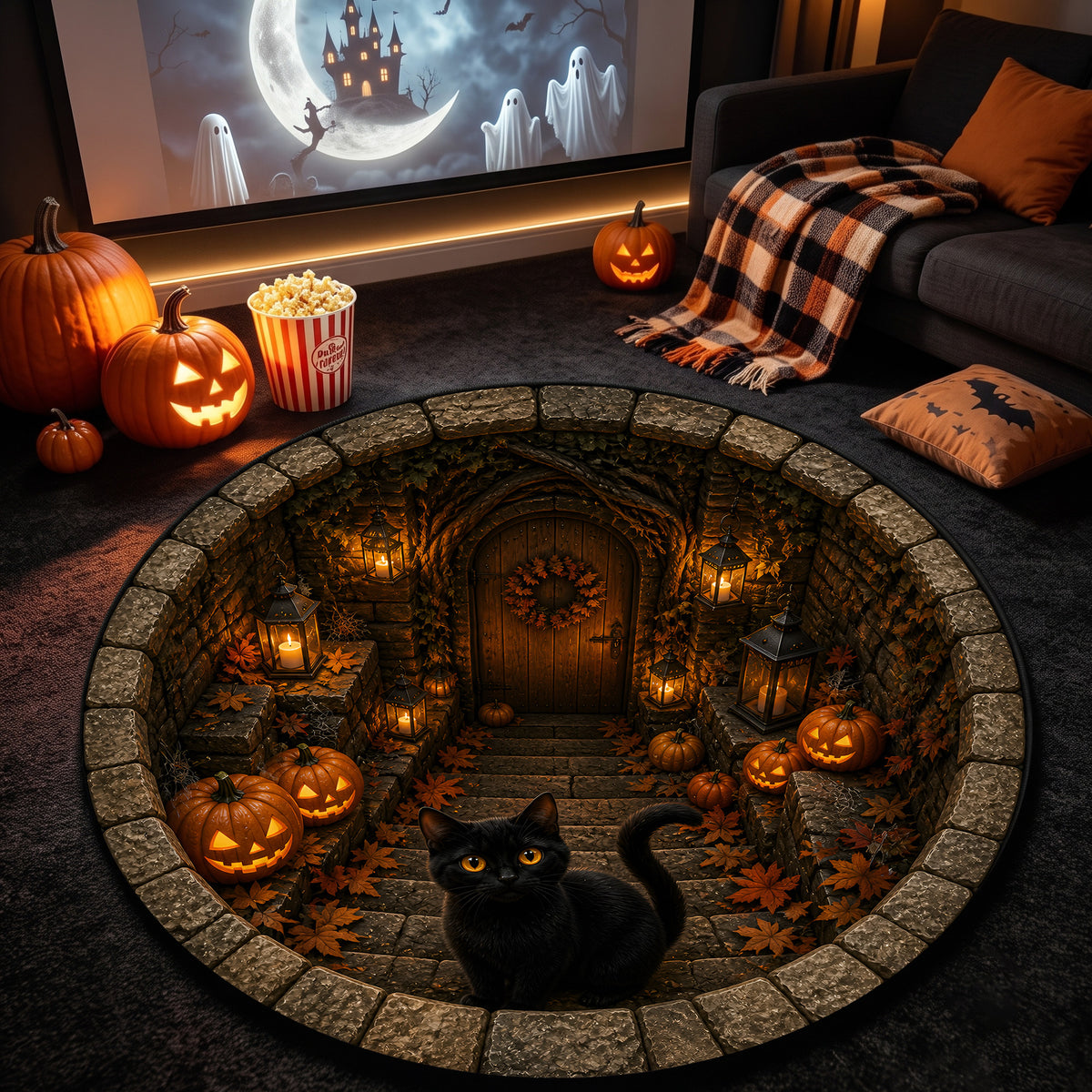 Halloween Round Rug 3D Stone Stairs Black Cat Pumpkins