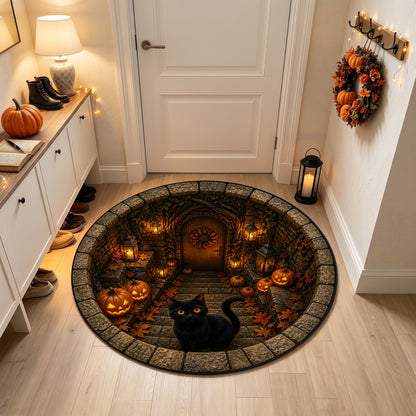 Halloween Round Rug 3D Stone Stairs Black Cat Pumpkins