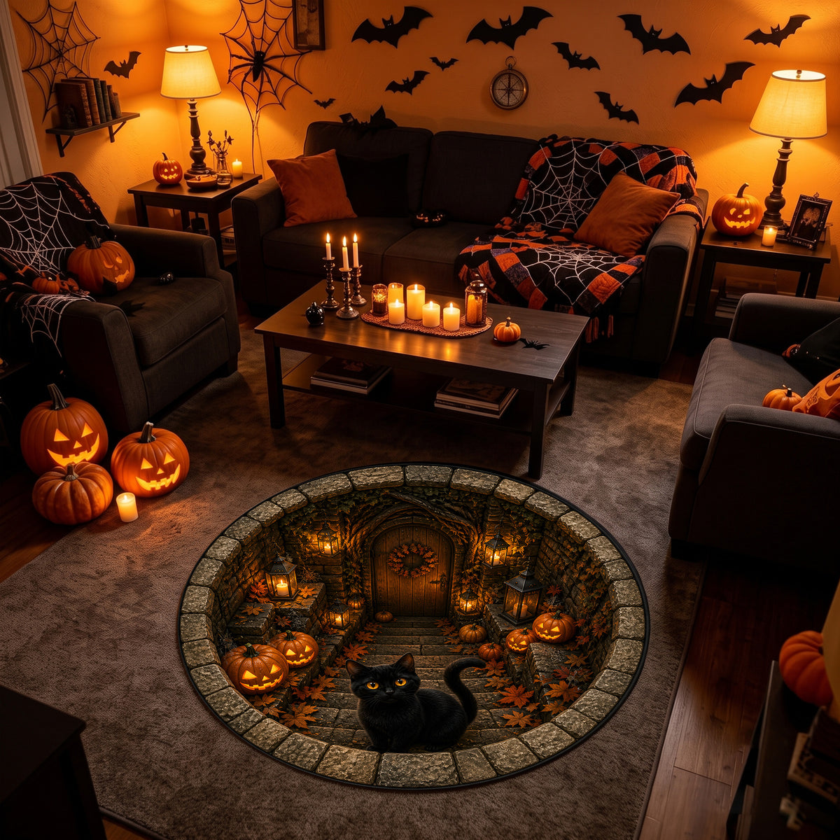Halloween Round Rug 3D Stone Stairs Black Cat Pumpkins