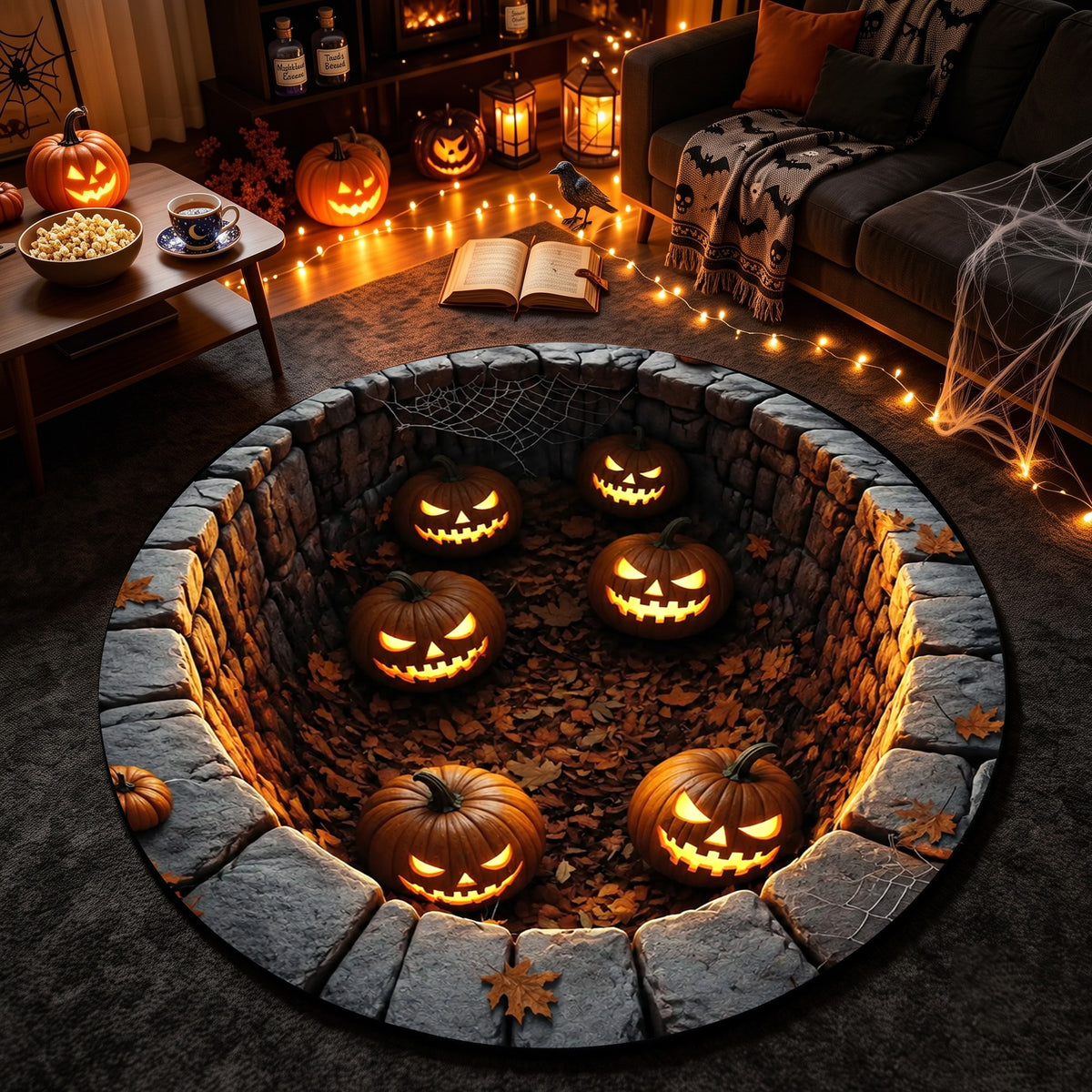 Halloween Round Rug 3D Illusion Stone Pit Glowing Pumpkins