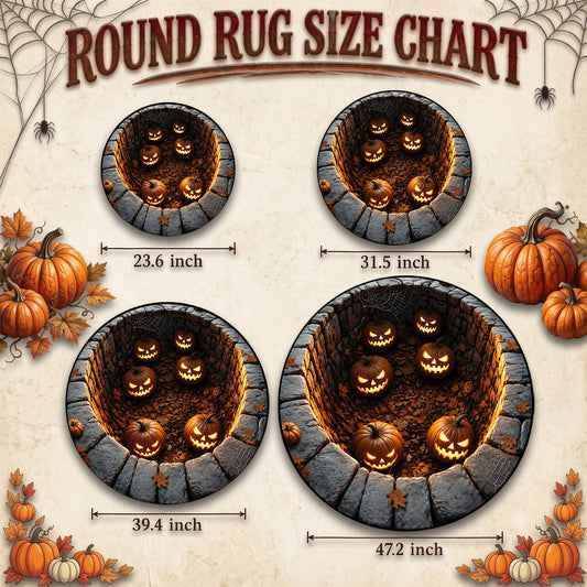Halloween Round Rug 3D Illusion Stone Pit Glowing Pumpkins