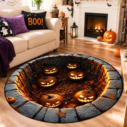 Halloween Round Rug 3D Illusion Stone Pit Glowing Pumpkins