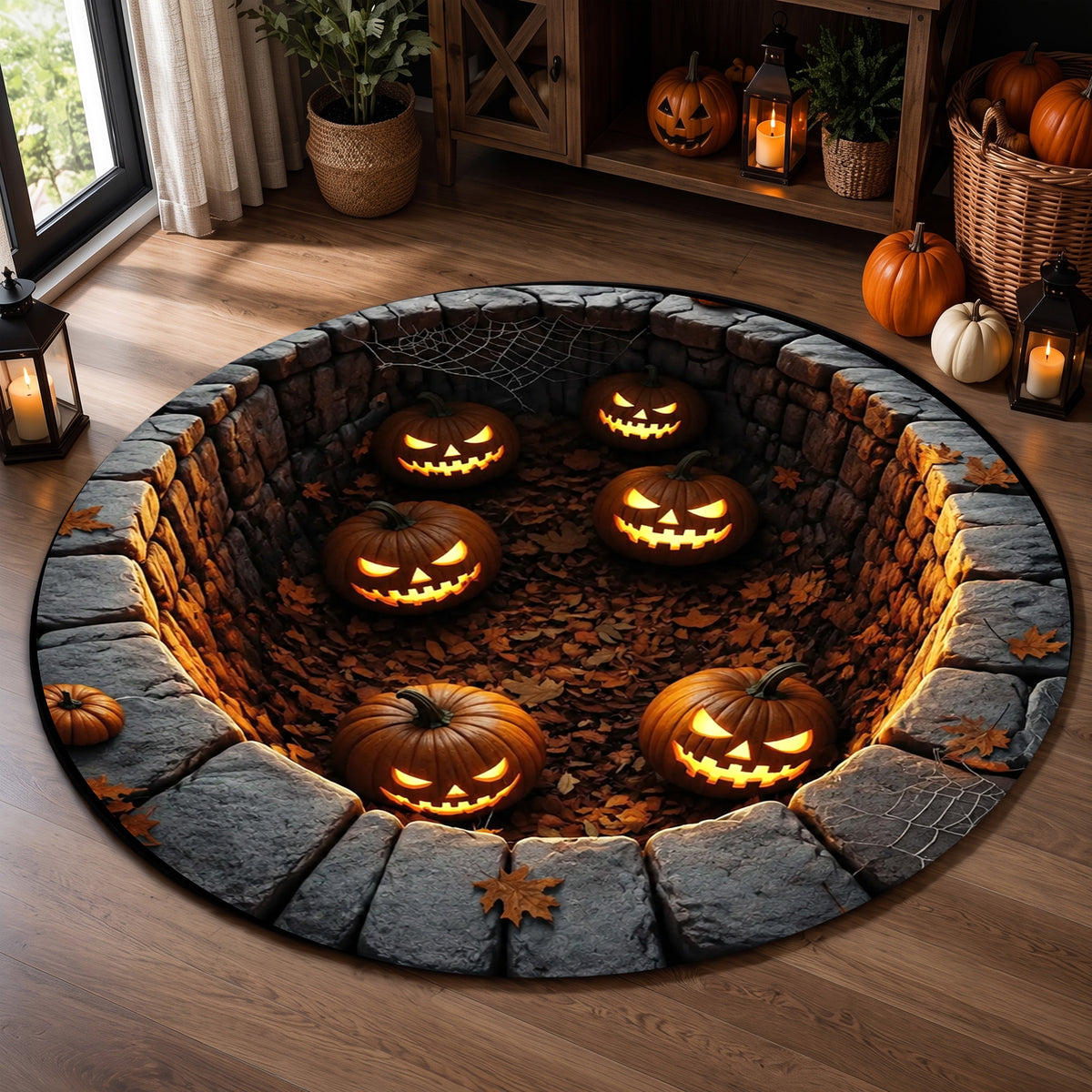 Halloween Round Rug 3D Illusion Stone Pit Glowing Pumpkins