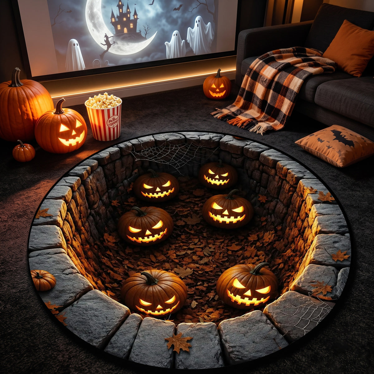 Halloween Round Rug 3D Illusion Stone Pit Glowing Pumpkins