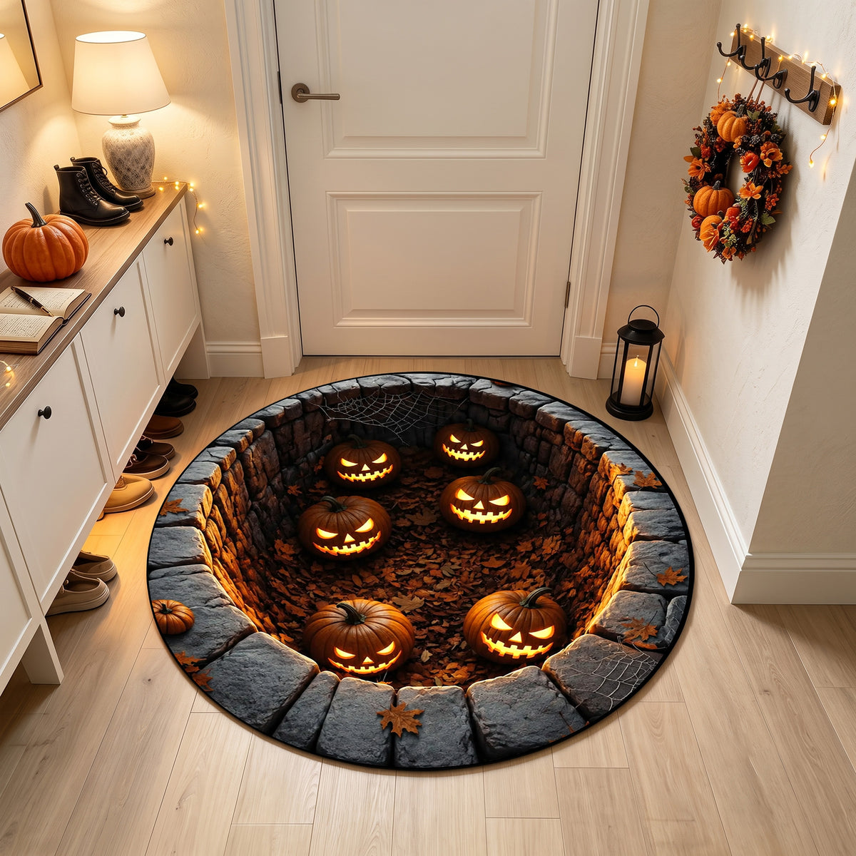 Halloween Round Rug 3D Illusion Stone Pit Glowing Pumpkins