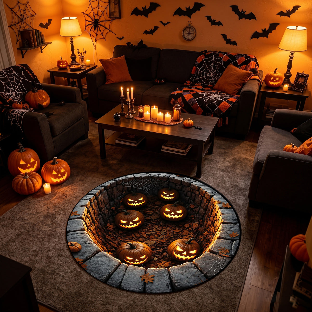 Halloween Round Rug 3D Illusion Stone Pit Glowing Pumpkins
