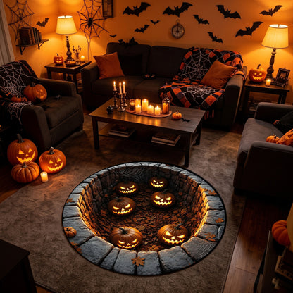 Halloween Round Rug 3D Illusion Stone Pit Glowing Pumpkins