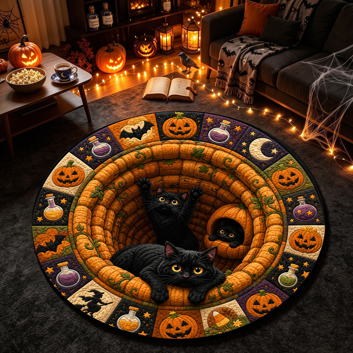 Halloween Round Rug 3D Illusion Black Cats Pumpkins