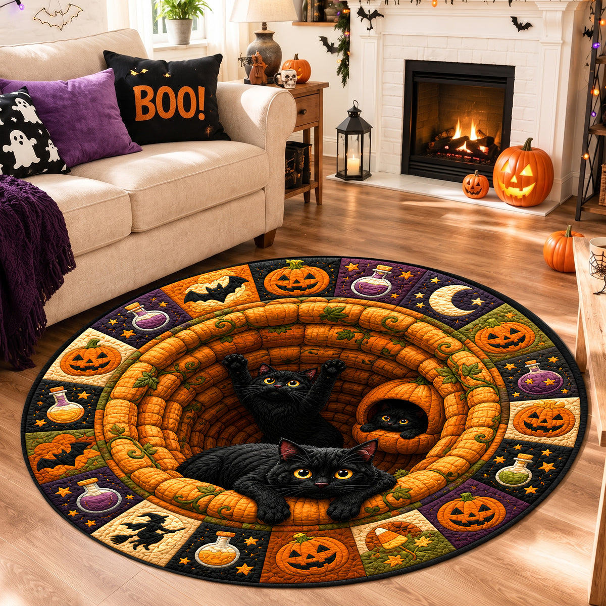 Halloween Round Rug 3D Illusion Black Cats Pumpkins