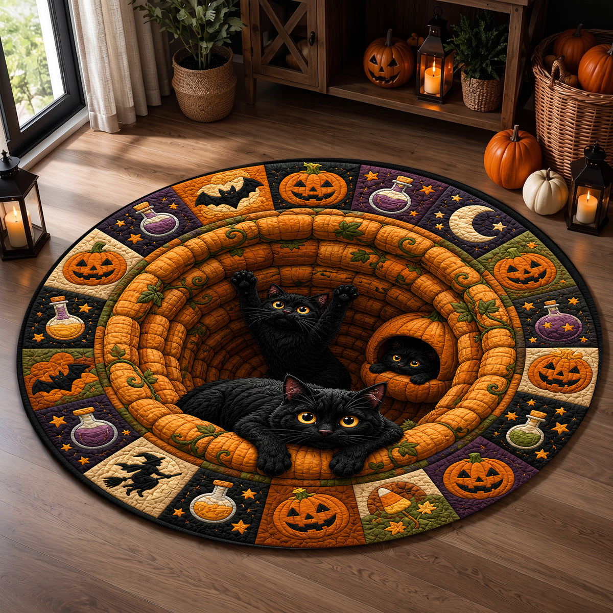 Halloween Round Rug 3D Illusion Black Cats Pumpkins