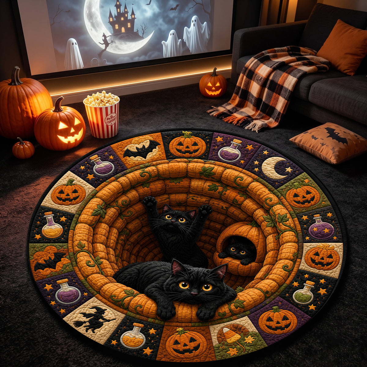 Halloween Round Rug 3D Illusion Black Cats Pumpkins