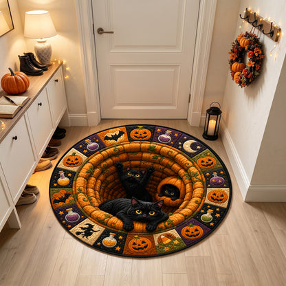 Halloween Round Rug 3D Illusion Black Cats Pumpkins