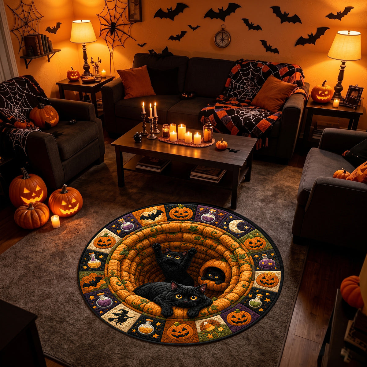 Halloween Round Rug 3D Illusion Black Cats Pumpkins