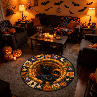 Halloween Round Rug 3D Illusion Black Cats Pumpkins