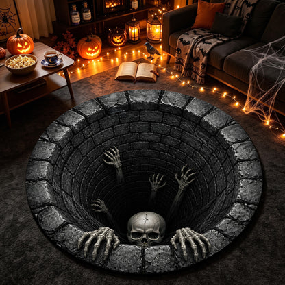 Halloween Round Rug 3D Dark Stone Pit Skeleton Hands Skull