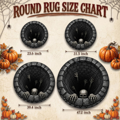Halloween Round Rug 3D Dark Stone Pit Skeleton Hands Skull