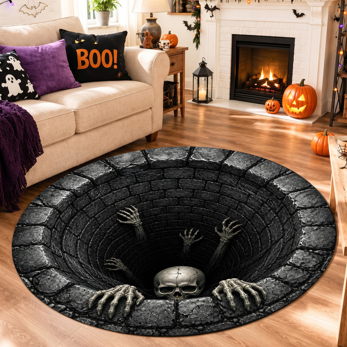 Halloween Round Rug 3D Dark Stone Pit Skeleton Hands Skull