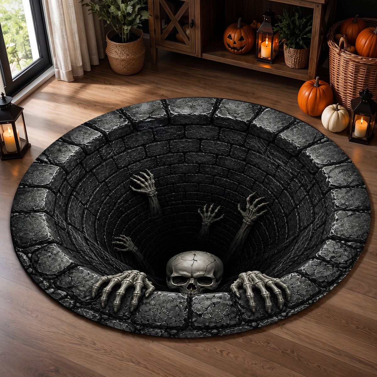 Halloween Round Rug 3D Dark Stone Pit Skeleton Hands Skull