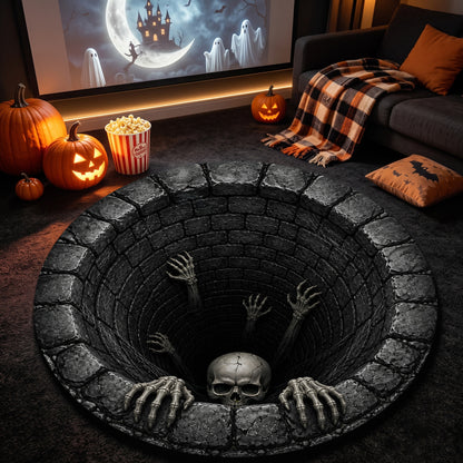 Halloween Round Rug 3D Dark Stone Pit Skeleton Hands Skull