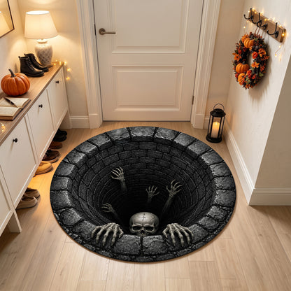 Halloween Round Rug 3D Dark Stone Pit Skeleton Hands Skull