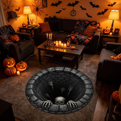 Halloween Round Rug 3D Dark Stone Pit Skeleton Hands Skull