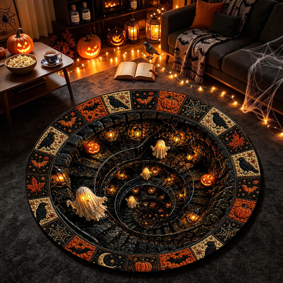 Halloween Round Rug 3D Illusion Spiral Staircase Ghosts