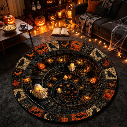 Halloween Round Rug 3D Illusion Spiral Staircase Ghosts