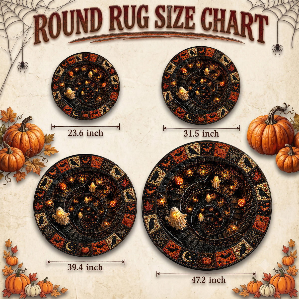 Halloween Round Rug 3D Illusion Spiral Staircase Ghosts