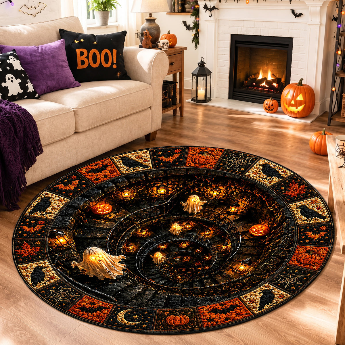 Halloween Round Rug 3D Illusion Spiral Staircase Ghosts