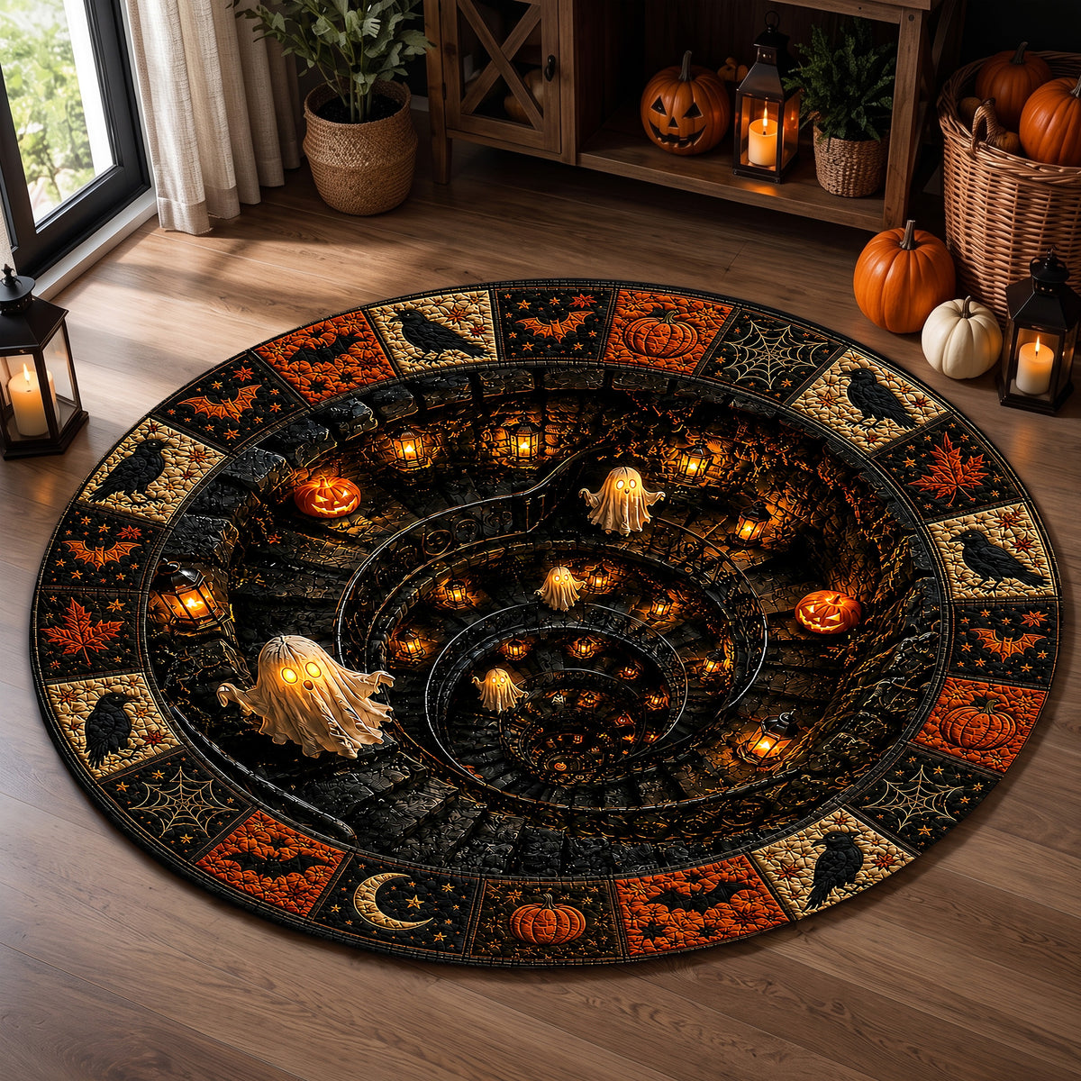 Halloween Round Rug 3D Illusion Spiral Staircase Ghosts