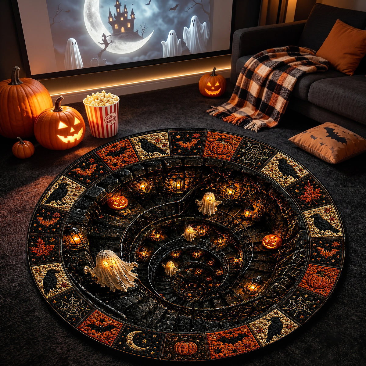 Halloween Round Rug 3D Illusion Spiral Staircase Ghosts