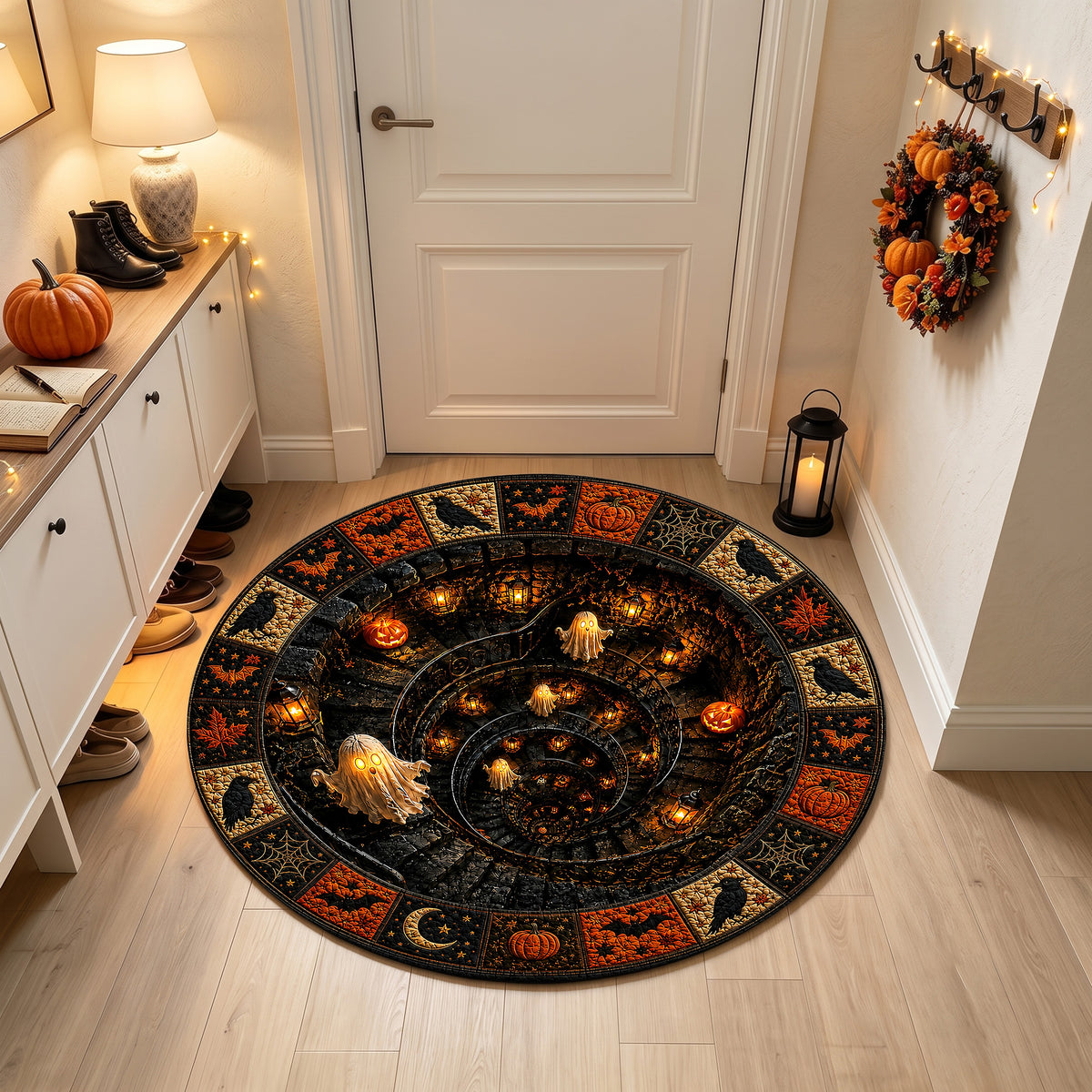 Halloween Round Rug 3D Illusion Spiral Staircase Ghosts