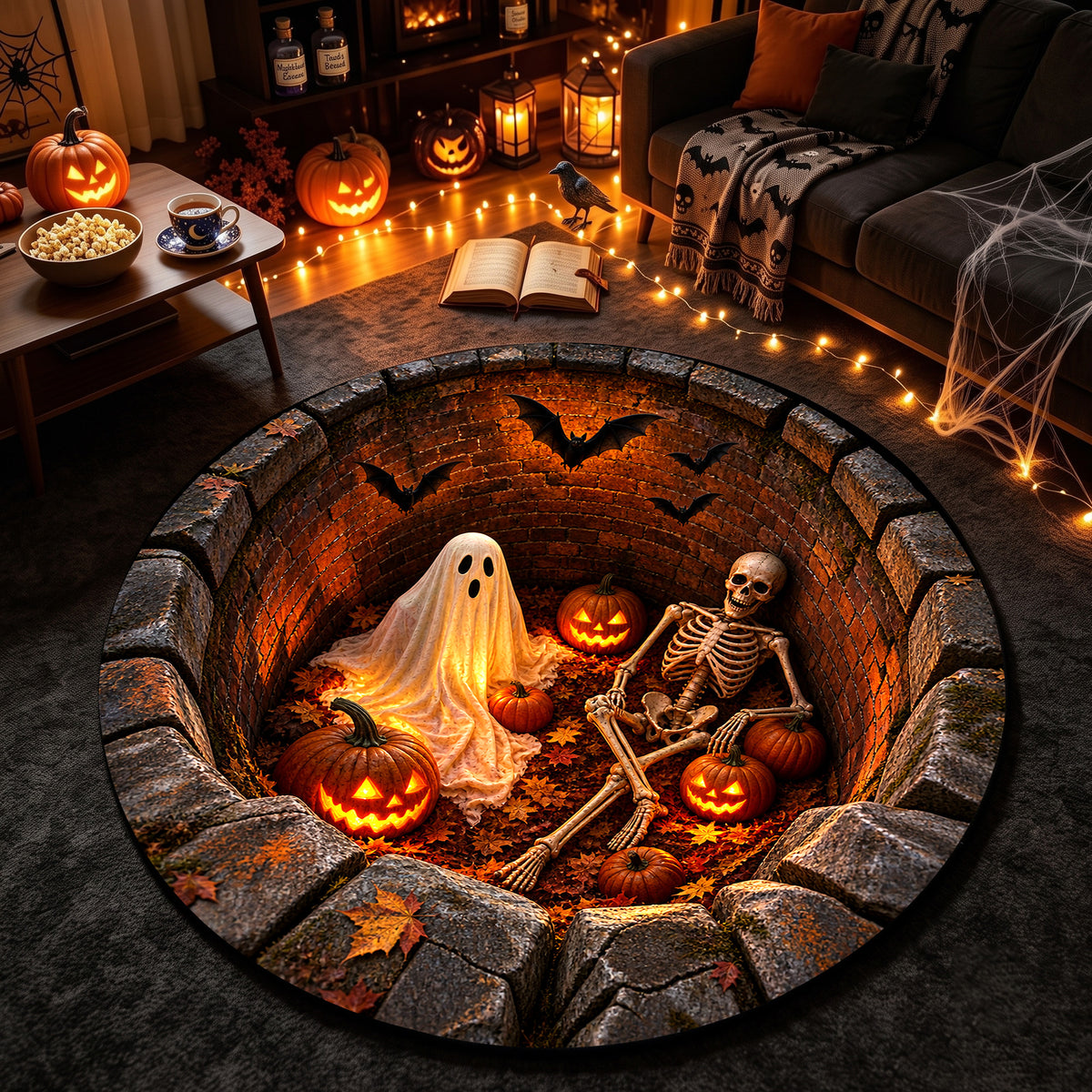 Halloween Round Rug 3D Brick Pit Ghost and Skeleton