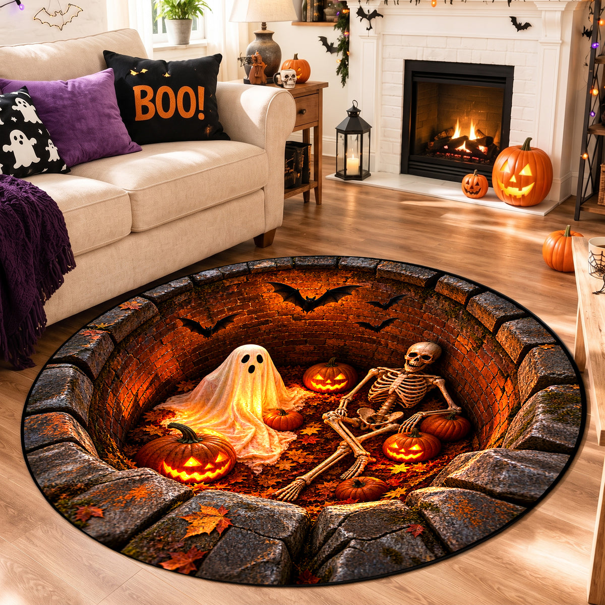 Halloween Round Rug 3D Brick Pit Ghost and Skeleton