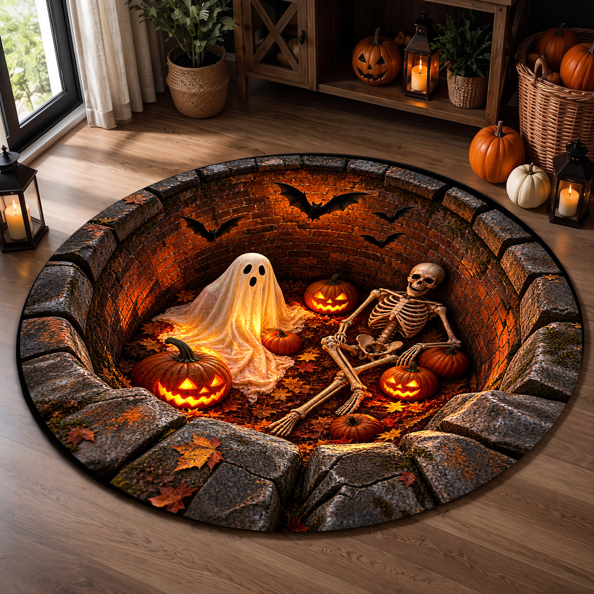 Halloween Round Rug 3D Brick Pit Ghost and Skeleton