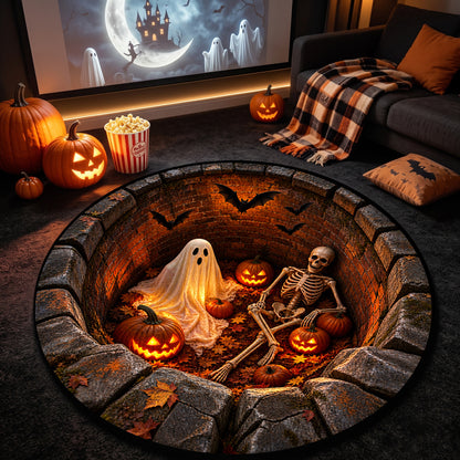 Halloween Round Rug 3D Brick Pit Ghost and Skeleton