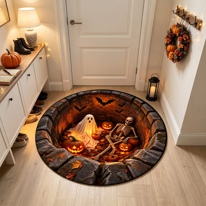 Halloween Round Rug 3D Brick Pit Ghost and Skeleton
