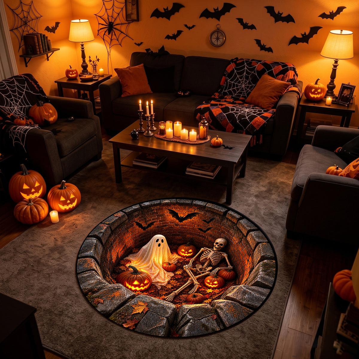 Halloween Round Rug 3D Brick Pit Ghost and Skeleton