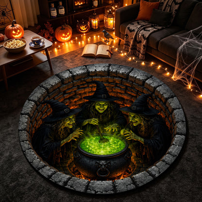 Halloween Round Rug 3D Illusion Witches Cauldron