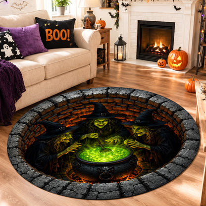 Halloween Round Rug 3D Illusion Witches Cauldron
