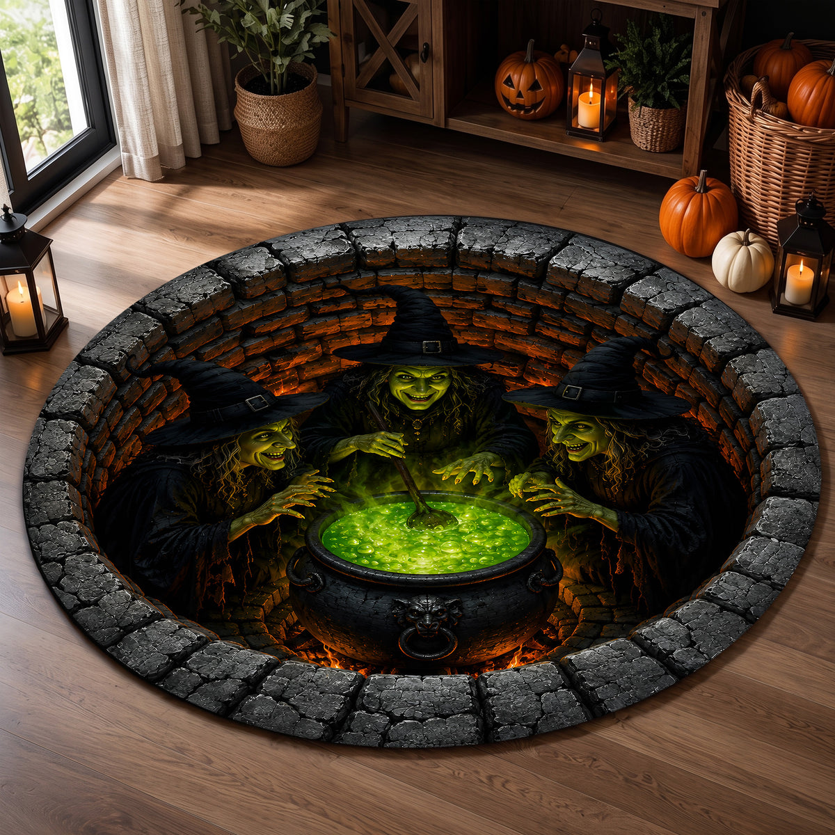 Halloween Round Rug 3D Illusion Witches Cauldron