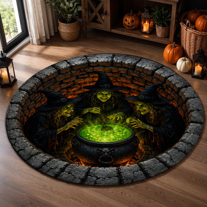 Halloween Round Rug 3D Illusion Witches Cauldron