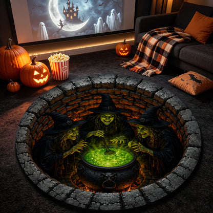 Halloween Round Rug 3D Illusion Witches Cauldron